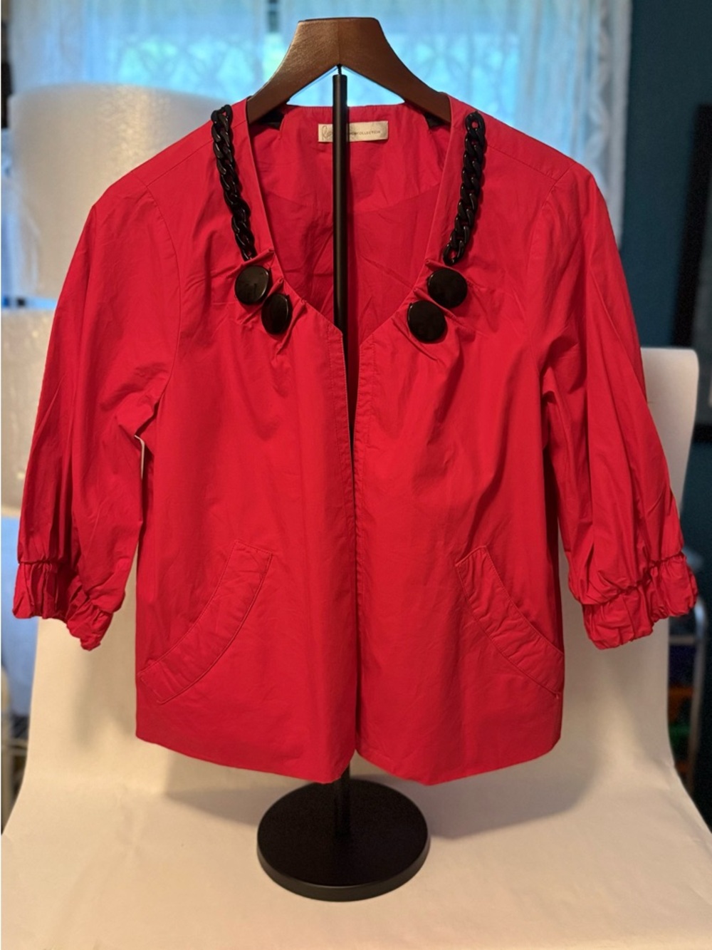 Women's Red 2/3 Sleeve Blazer with Decorative Black Trim Size 10 (W12)